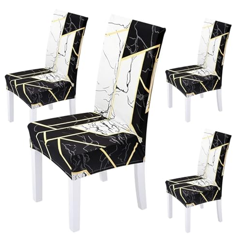 Image of House of Quirk Elastic Chair Cover Stretch Removable Washable Short Dining Chair Cover Protector Seat Slipcover (Pack of 4, Z Black Marble)