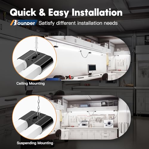 Image of BBOUNDER 4 Pack Linkable LED Utility Shop Light, 4400 LM, Super Bright 6500K Cool Daylight, 4 FT Integrated Fixture for Garage, 40W Equivalent 250W, Surface + Suspension Mount, Black
