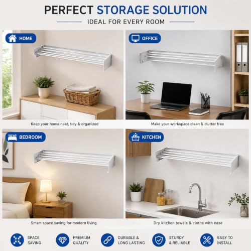 Image of Smart Saver Wall Mounted Drying Collapsible Rack, Clothes Drying Rack, Retractable Wall Drying Rack, 80cm Wide, 4 Aluminum Rods, 28 kg Capacity White