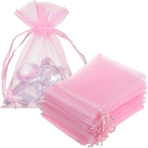 Juego de 50 bolsas de regalo de organza con cordón de 4 x 6 pulgadas, color rosa para baby shower, cumpleaños de niña, recuerdos de fiesta, boda,