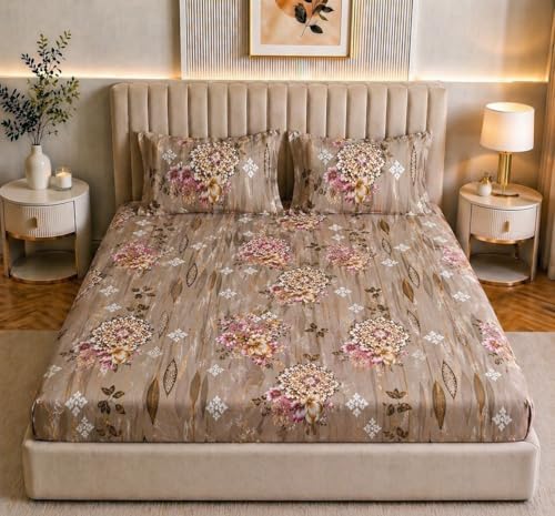 Image of Castiqa Elastic Fitted Supersoft Premium Polycotton 200TC King Size Bedsheets with 2 Pillow Covers (Fits Upto Mattress of 8Inches) (Camel, Full 72x78x8Inch)