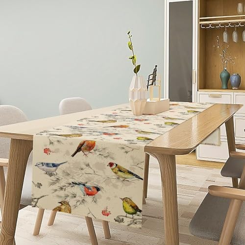 Image of Flower Birds Table Runner Nature Themed Winter Birds on Branches,Watercolor Pine Tree Tabletop Setting Decor for Party Dining Room Kitchen Decoration 13x60 Inch