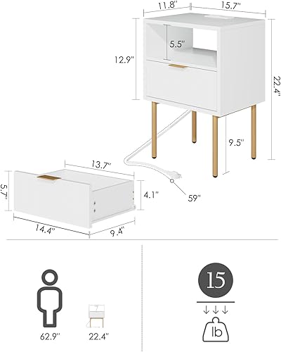 Miniatura 2 de Aobafuir Mesita de noche con estación de carga, cómoda con cajón para dormitorio, mesa auxiliar pequeña con cajón, muebles de noche, mesa auxiliar