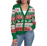 Women's Green Ugly Christmas Reindeer Sweater Open Front Caidigans Knitted Long Sleeve Button Down Sweaters Cardigan Green XL