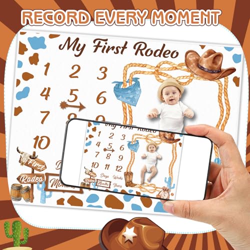 Image of Cowboy Baby Boy Milestone Blanket Western Theme Cow Print Baby Growth Chart Blanket for Boy Newborn My First Rodeo Birthday Party Supplies