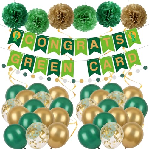 Image of RoundFunny 45 Pcs Green Card Themed Party Decorations Pre-strung Congrats Permanent Resident Banner Green Gold Confetti Balloons and Pom Poms for Immigration Success Celebration