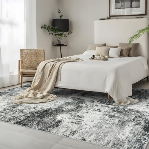 Washable 3x5 Abstract Area Rug - Large Living Room Area Rugs Modern Stain Resistant Indoor mat for Bedroom Dining Room Non Slip Rubber Backing Thin Super Soft Room Decor Floor Carpet 3x5 Black A