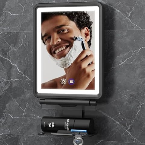 Heated Shower Mirror Fogless for Shaving, 3 Colors Stepless Dimmable Lights Fogless Mirror for Shower, Rechargeable Anti Fog Shaving Mirror for Shower with Razor Holder for Men, Light Memory Function Cover