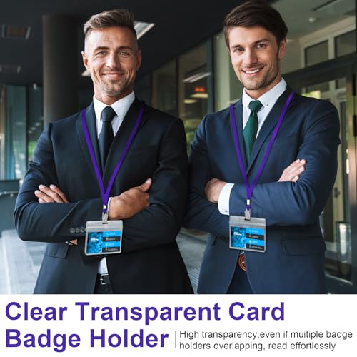 Image of Marspark 100 Sets Clear Name Tags with Lanyard, Lanyards for ID Badges Reusable Strap with ID Holder Plastic Name Badges for Adults Business School Church Conference (Dark Purple)