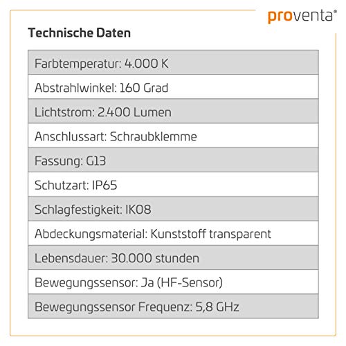 proventa® Feuchtraumleuchte mit HF-Bewegungsmelder und LED-Röhre 150 cm 1x 20,5W 3.100lm 4.000K IP65 Kunststoff grau