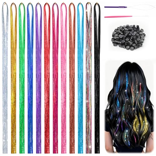 Hexizexi 2640 Hair Tinsel 12 Farben Glitzer Haarsträhnen mit Werkzeug 120cm Haar Lametta für Mädchen Frauen Party Rollenspiel Feiertag