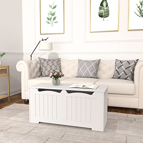 Hzuaneri 39.4" Storage Lift-Top Organizer, Wooden Storage Bench, Storage Trunk With 2 Safety Hinge, Toy Chest Box, Shoe Bench For Entryway, Bedroom, Living Room, White #TOP6
