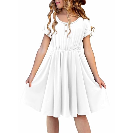 Yoklass Girls Short Sleeve Dress Casual A Line Button Twirly Skater Dresses 5-14 Years