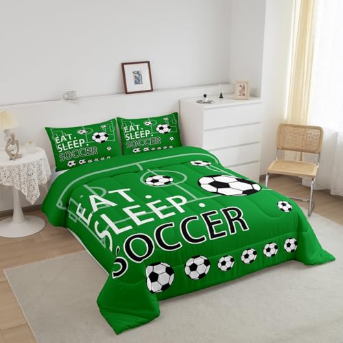 Image of Feelyou Soccer Bedding Set Toddle Size Kids Green Comforter for Boys Teens Ball Games Comforter Set Breathable Football Field Quilt Set Room Decor Soccer Quilt Set