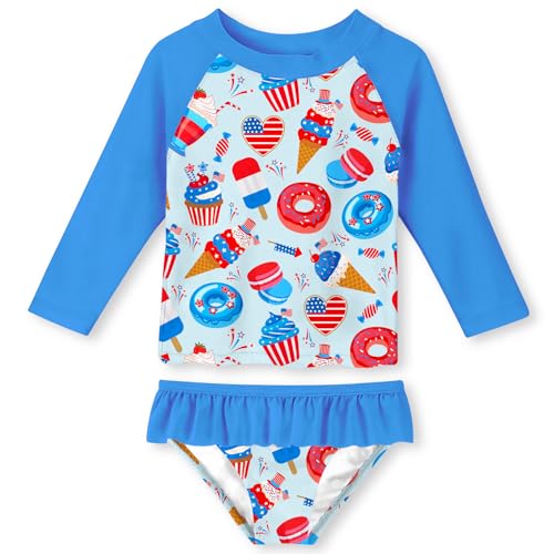 Image of Funnycokid Girls Swimsuit Toddler Bathing Suit Long Sleeve 2 Piece Rash Guard Set for Kids 2-10 Years