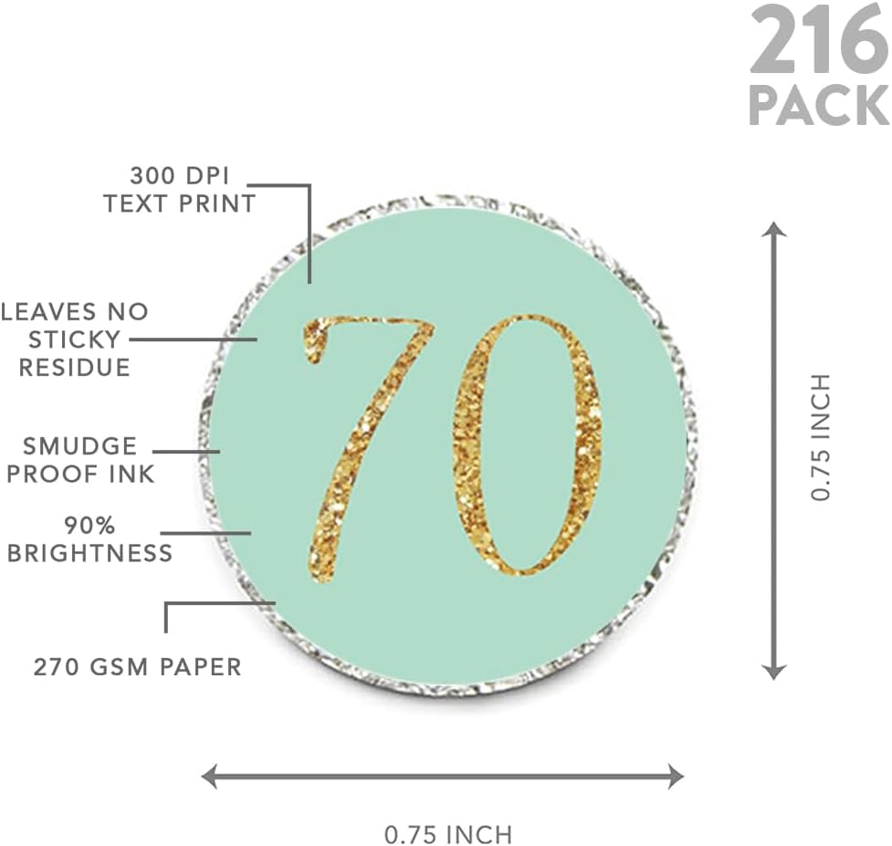 Andaz Press Gold Glitter Print Chocolate Drop Labels Stickers, Cheers 70, Happy 70th Birthday, Anniversary, Reunion, Mint Green, 216-Pack, Not Real Glitter, for Kisses Party Favors