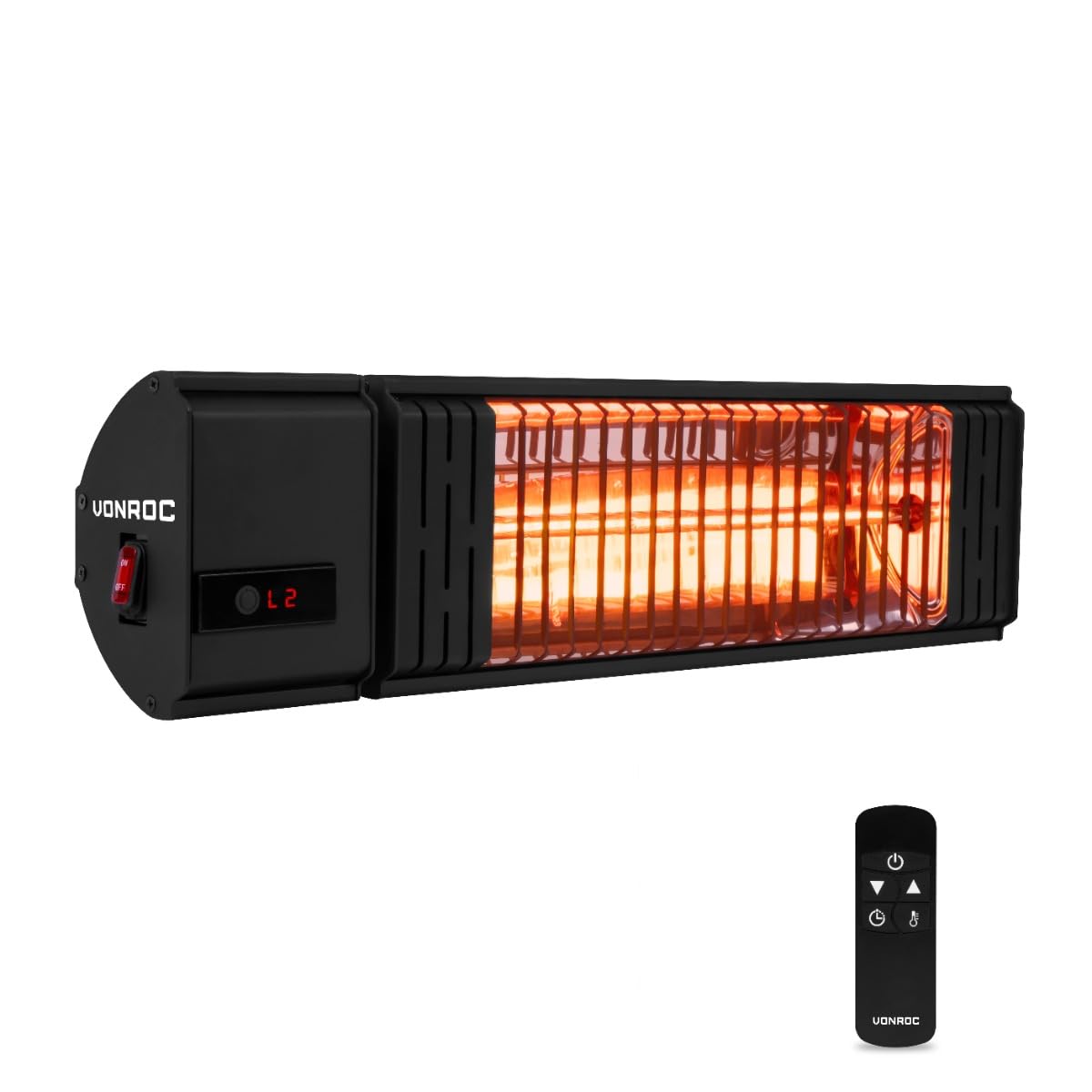 VONROC Riscaldatore a infrarossi professionale da esterno 2000W. 2 livelli di calore. IP54. Con telecomando, timer e schermo LCD. Modello Volsini. Nero