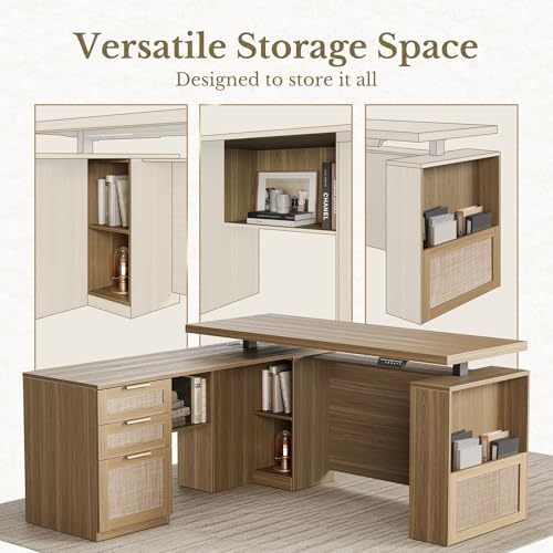 Image of 63 Inches L Shaped Standing Desk, Executive Standing Desk with Drawers and File Cabinet, AC /USB, 1.18 inch Desktop, Multi-Sized Storage Cubby, Privacy Panel, Rattan Computer Desk, Natural Oak
