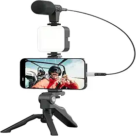 Kit de Gravação Completo com Tripé, Luz LED e Suporte para Celular – Ideal para Vlogs, Lives, Fotos e Vídeos Profissionais - Tripé com Luz LED e Microfone – Kit Gravação Vlogging Premium