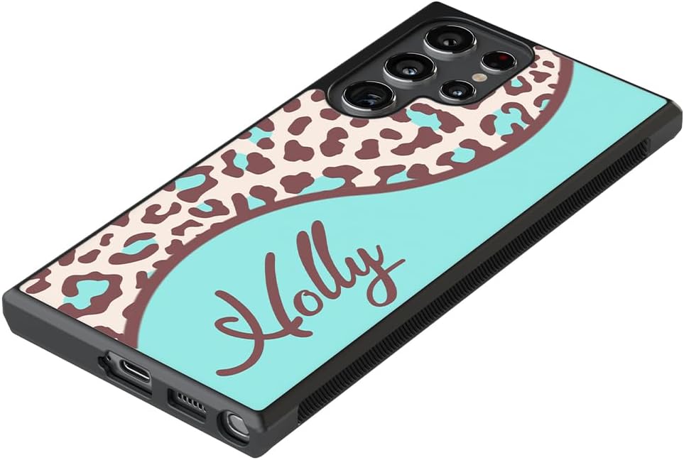 Teal Brown Curvy Leopard Personalized Black Rubber Phone Case Compatible With Samsung Galaxy S25 S25+ S25 Ultra S24 S24+ S24 Ultra S24FE, S23 FE S23+ Ultra S22 S22+