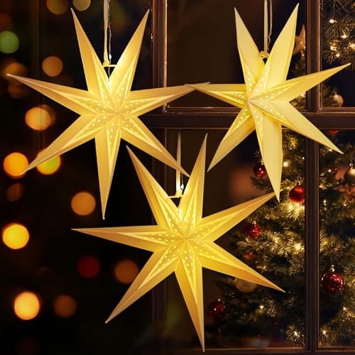 SUNBEAUTY 3er Set Papiersterne Weiß 30cm Faltstern Beleuchtet...