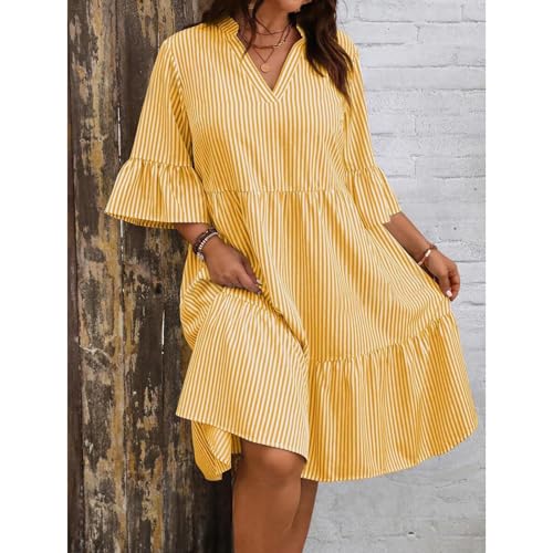 Plus Size Dreeses for Women V Neck Short Sleeve Dresses Oversized Ruffle Tiered Sundress Casual Striped Dress 20253