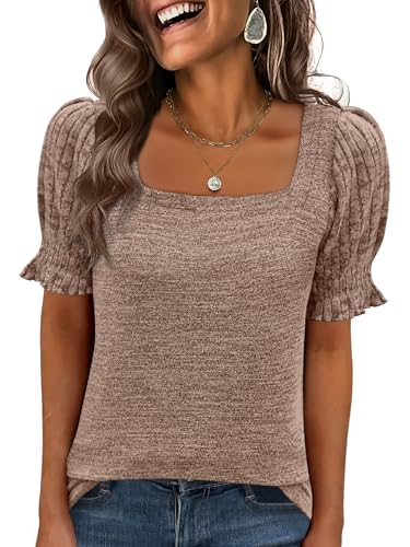 ANRABESS Womens Tops Summer Sweaters Dressy Casual Work Blouses Square Neck Ruffle Short Sleeve Tee Shirts 2026 Fashion Tunic Burnt Tan Medium