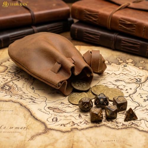 Image of Mythrojan Small Trinket Pouches Suede Leather Drawstring Coin & Dice Bags for LARP, SCA, Viking & Medieval Events (Brown- Single)