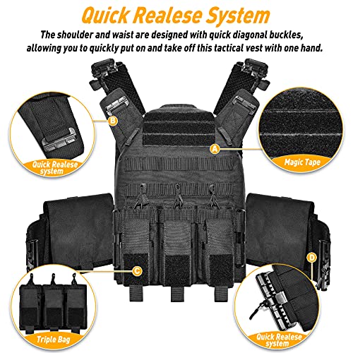 Gloryfire Unisex Tactical Vest Quick Release Airsoft Vest Adjustable Breathable Military Weighted Vest For Cs/Training, Matt Black #TOP1