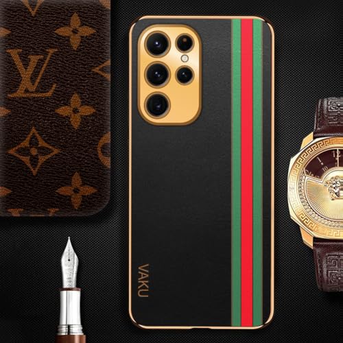 Image of Vaku Luxos Felix Line Back Cover for Samsung Galaxy S22 Ultra 5G with Leather Pattern Gold Electroplated Soft TPU Cover Shockproof Protective Case - Black
