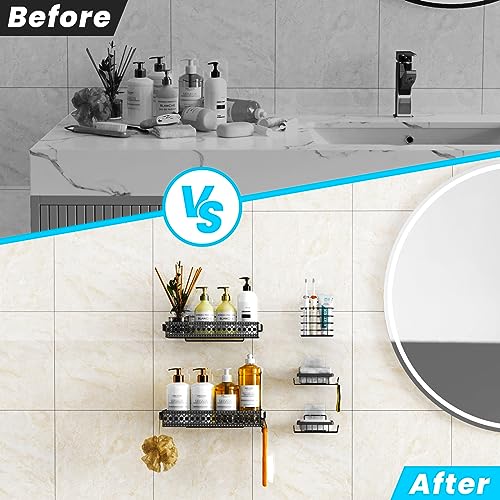 Shower Caddy, Shower Shelves 5 pack, Adhesive Shower Organizer with 12 Hooks No Drilling, Bathroom Shower Organizer accessories, Large Capacity, Rustproof Stainless Steel Shower Shelf for Inside