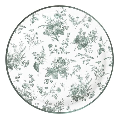 Elyxio Sage Green Floral Party Plates Vintage Toile Green Paper Plates White Sage Green Garden Bouquet Decorative Disposable Plates for Party Decorations Supplies (24)