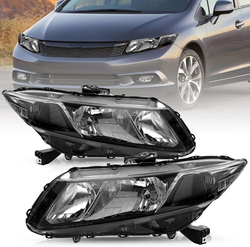 TUSDAR Headlights Assembly Replacement Compatible with 2012-2015 Honda Civic 4-Door Sedan / 2012-2013 Honda Civic 2-Door Coupe Driver and Passenger Side (Black Housing with Clear Reflector)