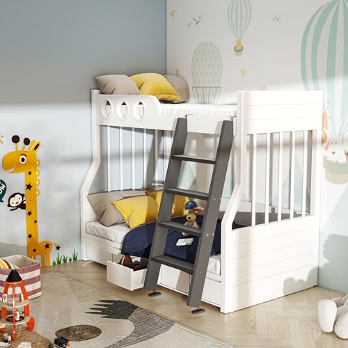 Image of 50 inch 55 inch 60 inch Black Wood Bunk Bed Ladder, Lofted /Dorm /RV Bed Bunkbed Ladders with 4in Extra Wide Steps and Non-Slip Pads, Replacement Wooden Ladder for Motorhome /Camping (Black, 50in /127cm)