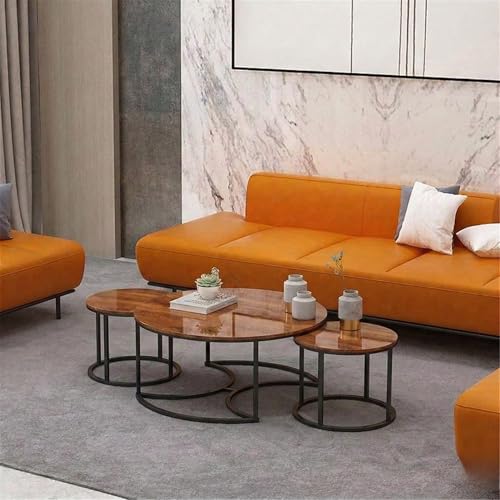 Image of Round Coffee Table Set of 3, Marble Laminated Accent Center Table with Sturdy Metal Base | Modern Foldable Nesting Stacking Tables for Living Room, Bedroom, or Apartments (Black-Brown)