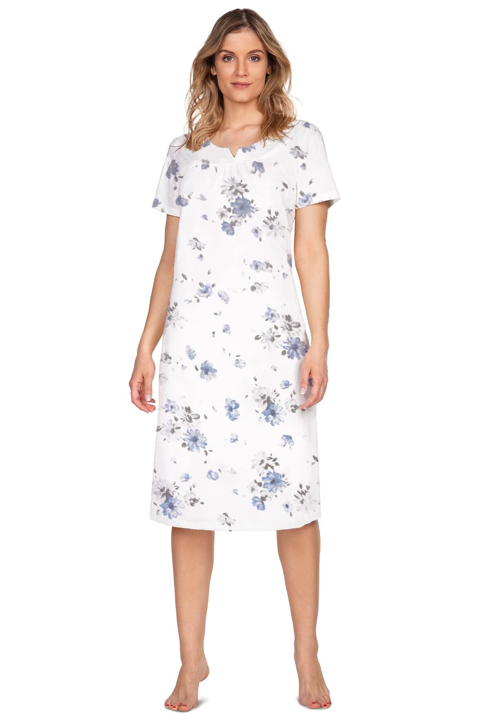 e.Femme® Jana 1019 Women's Short Sleeve Nightdress 100% Cotton, white/blue, 10