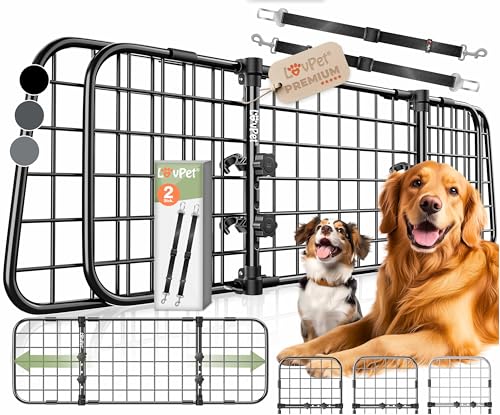 LOVPET® Hundegitter Auto, Autoschutzgitter Trenngitter Universal, verstellbare Breite, Kopfstütze Kofferraum Autogitter Maße 30 x 91-153 cm Kofferraumgitter,+ 2X Sicherheitsgurt für Hunde, Schwarz