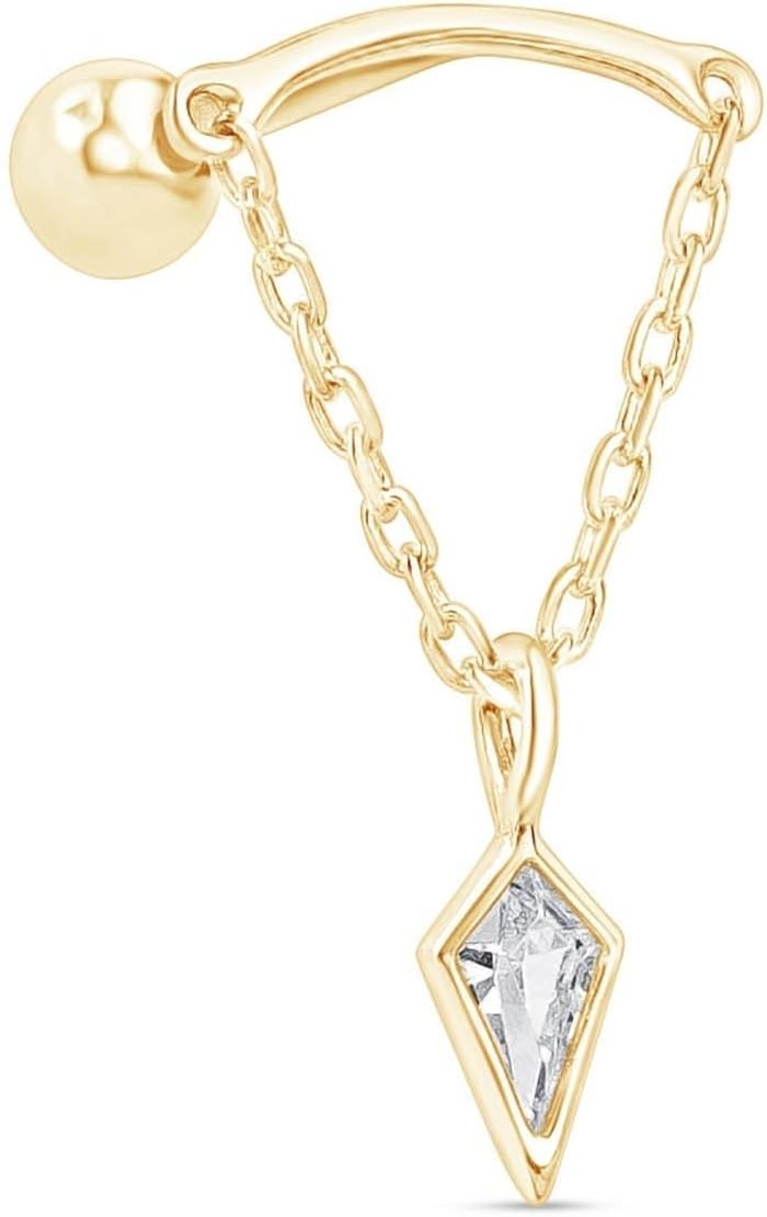 14K Solid Gold Helix Earring for Women Ball Back Stud CZ Tassel Chain Hidden Helix Dangle Drop Earring Threaded Screwback Cartilage Piercing Jewelry for Upper Ear, SINGLE or PAIR