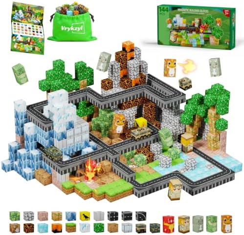Vrykzyl Magnetic Blocks - 144 Piece Magnetic Building Cubes Dinosaur Toys for Kids Ages 3-12, Kids Travel Toys, Airplane Essentials, STEM Toys for 3-12 Year-Old Boys and Girls