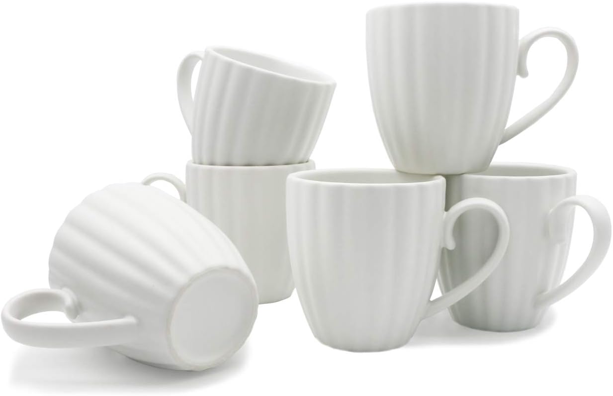 Sumerflos 8 Ounce Porcelain Mugs, Elegant New Petal Stripe Ceramic Mug Set for Coffee, Tea, Cocoa, Set of 6, Matte White