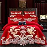 QOWMMYID Chinese Traditional Red Bed Sheet Wedding Bedding Sets Asian Dragon and Phoenix Bird Embroidery Wedding Duvet Cover Set Luxury Bedroom Decoration (D, Queen)