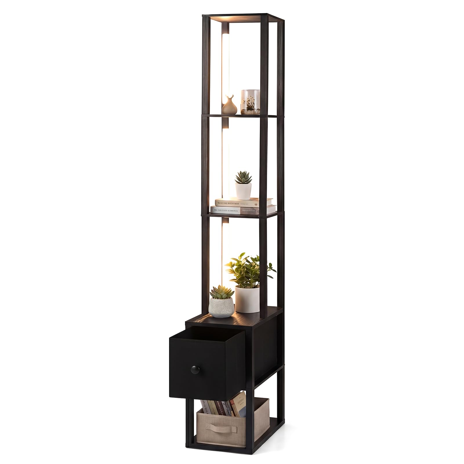 COSTWAY Lámpara de Pie con Estantes y Cajón, Lámpara de Pie Moderna con Mesa Auxiliar y Brillo Ajustable, Lampara de Esquina de Madera para Salón, Sofá, Dormitorio y Oficina, (Bombilla Incluida)