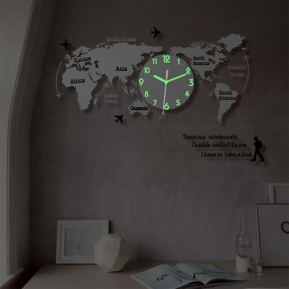 HEALLILY World Map Wall Clock World Map Digital Hanging Clock Glow in The Dark Wall Supplies for Office Home 80cm Silver
