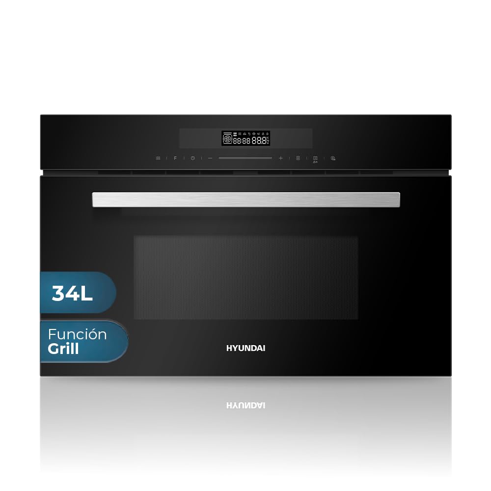 Hyundai Microondas 34 Litros Integrable con Grill Cristal negro HHMW3414DGB00. 900W, Grill 1100W, 11 Programas, Modo Descongelación, Revestimiento Interior, Fácil Limpieza, Temporizador 95min.
