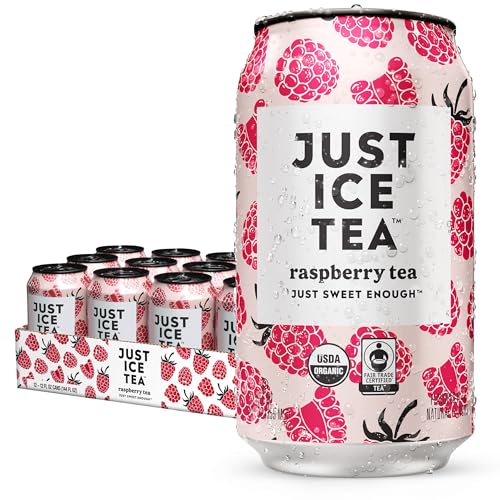 Just Ice Tea, Raspberry Flavored Black Iced Tea, 12-Pack (12oz Cans), USDA Certified Organic, Low Calorie, No Artificial Sweeteners, Fair Trade, Made in USA.