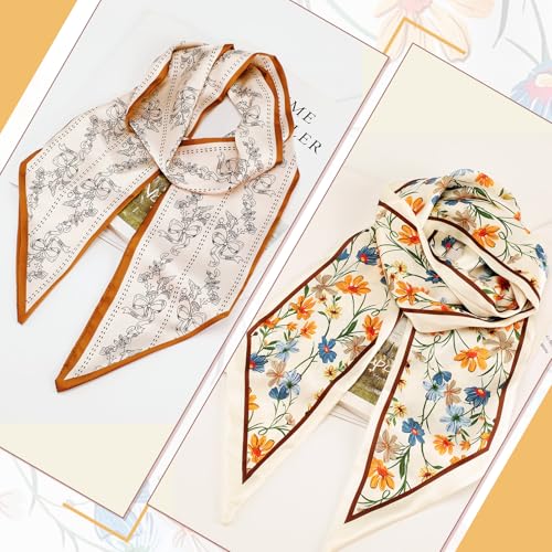 Hicarer 2 Pcs 59 Inch Silk Head Scarf Hair Neck Scarves Women's Fashion Square Neck Satin Scarfs for Women Purse Bag Scarfs for Handbags Silky Long Satin Headscarf3