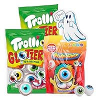 Trolli Glotzer & ZED Glubscher Augen Bundle – 2x Trolli Glotzer 75g & 1x ZED Glubscher 67g mit einem Geister-Aufkleber – Grusel-Süßigkeiten für Halloween, Kinderpartys, Geburtstag, Horror Movie Nights