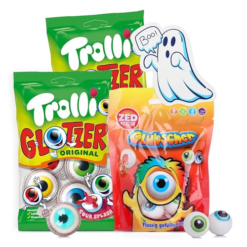 Trolli Glotzer & ZED Glubscher Augen Bundle 2x Trolli Glotzer 75g & 1x ZED Glubscher 67g mit einem Geister-Aufkleber Grusel-Süßigkeiten für Halloween Kinderpartys Geburtstag Horror Movie Nights