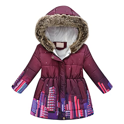 Girls Winter Warm Coat Waterproof Sherpa Parka Windproof Jacket,Kids Toddler Flower Print Parka Puffer Outerwear (Purple, 2-3 Years)