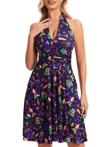 Image of Women's Summer Sundress- 2025 Sexy Halter Sleeveless Spring Boho Elastic Waist Ruffle Mini Dress